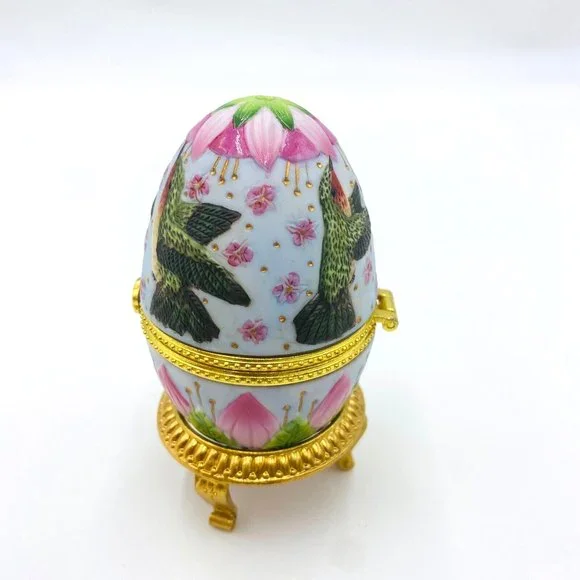 Vintage Porcelain Egg Hummingbird Club Floral Trinket Box w/ Gold Colored Stand - Picture 3 of 9